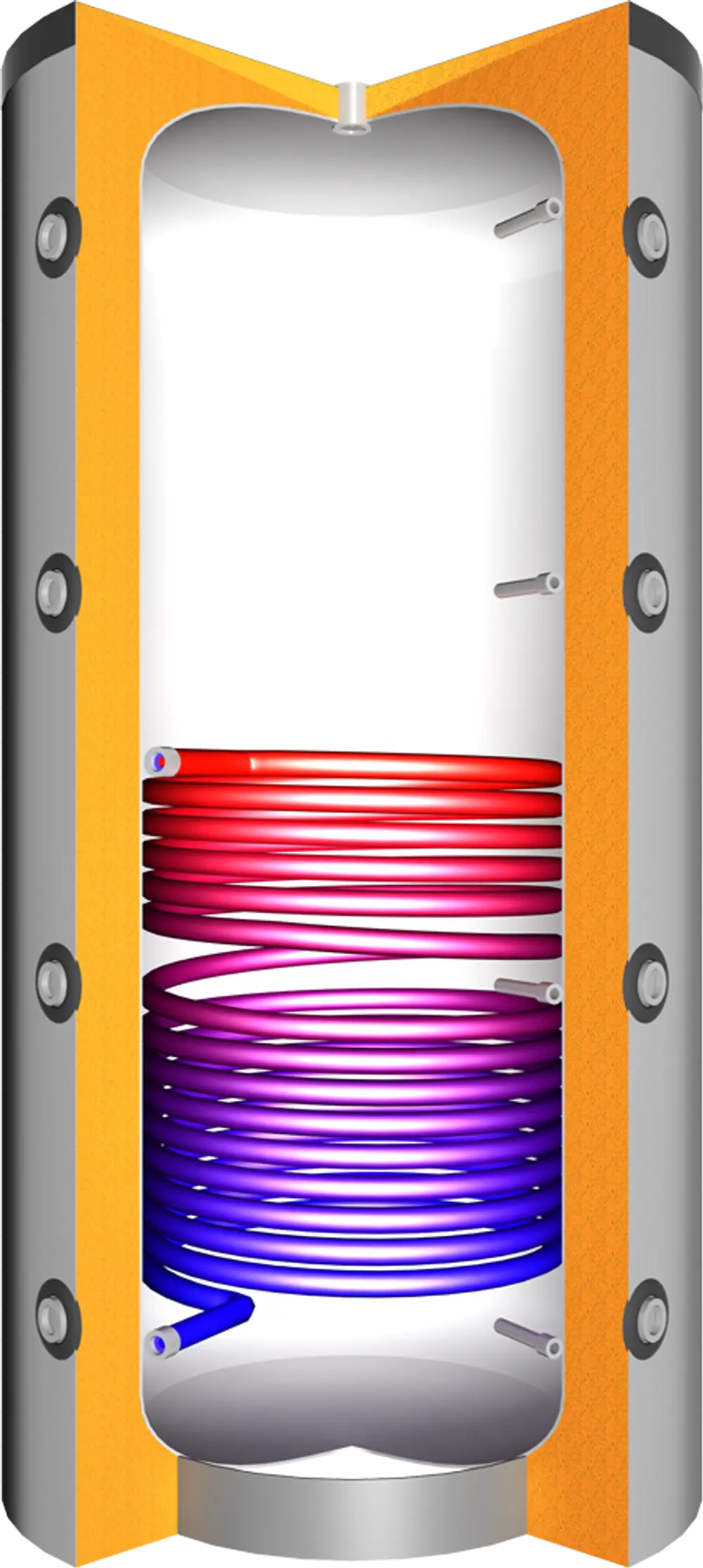Vertikaler Pufferspeicher mit rot und lila Spiralen für Wärmeübertragung, Teil der Juratherm Produktlinie, mit Anschlussmöglichkeiten in der Front.
